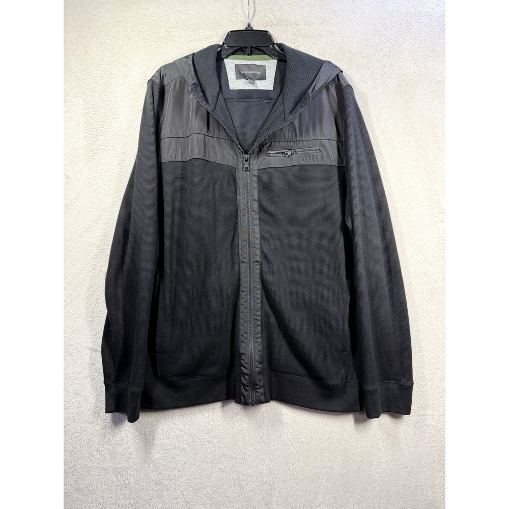 Banana Republic Full Zip Hoodie Mens XL Black Mixed Media Waffle Knit Jacket
